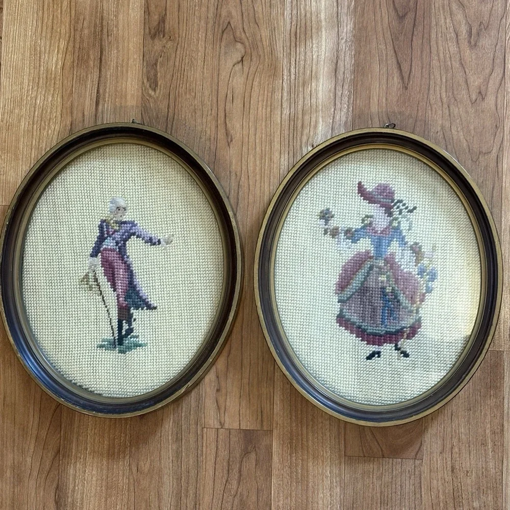Set of 2 VTG Handcrafted Needlepoint Oval Frames Victorian Romance Textile Art